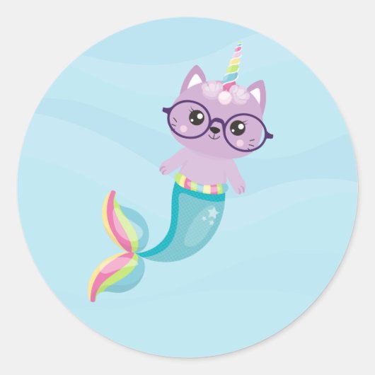 Sticker Rond Mermaid Rainbow Unicorn Purple Cat (Devant)