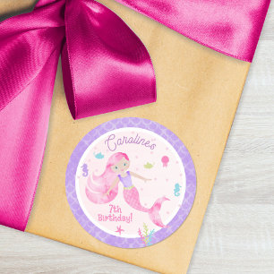 Sticker Rond Mermaid Sea Creatures rose violet fête d'anniversa