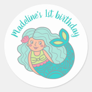Sticker Rond Mermaid Turquoise personnalisé 1er anniversaire