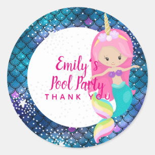 Sticker Rond Mermaid Unicorn Pool Party Fournitures Rose Blue G