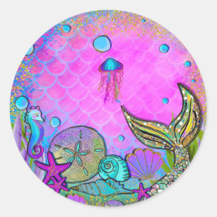 Sticker Rond Mermaiers & Sea Shells Pink Sparkly Party