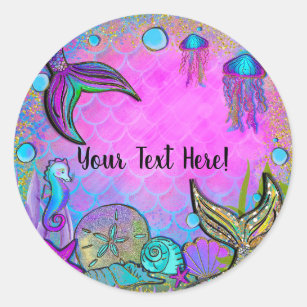 Sticker Rond Mermaiers & Sea Shells Pink Sparkly Party