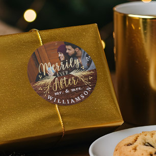 Sticker Rond Merrily Jamais Après Rustique M & Mme Premier Noël