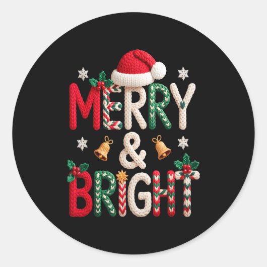 Sticker Rond Merry &amp; Bright Christmas Santa Hat Crochet Kni (Devant)