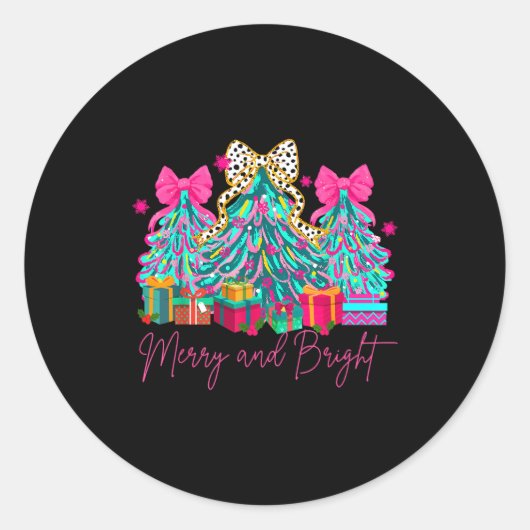Sticker Rond Merry And Bright Coquette Bow Christmas Tree Women (Devant)