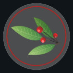 Sticker Rond Merry Berry Bright Christmas Greenery D591<br><div class="desc">Ce bel autocollant de Noël présente un cadre à cordes rouges,  une branche de feuilles verts,  des tourbillons et des baies rouge vif sur un arrière - plan de charbon de bois. Recherchez ID591 pour voir tous les produits de coordination pour ce mix n'match design set.</div>
