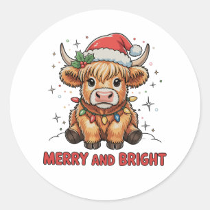 Sticker Rond Merry & Bright Cute Highland Baby Cow Noël