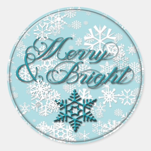 Sticker Rond Merry & Bright ・ Faux Glass Look ・ Turquoise Snowf (Devant)