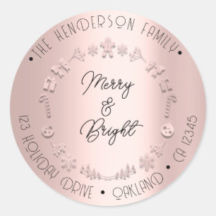 Sticker Rond Merry Bright Holiday Adresse Wire Deer Rose Rose R