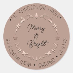 Sticker Rond Merry Bright Holiday Adresse Wreath Deer RoseSkin