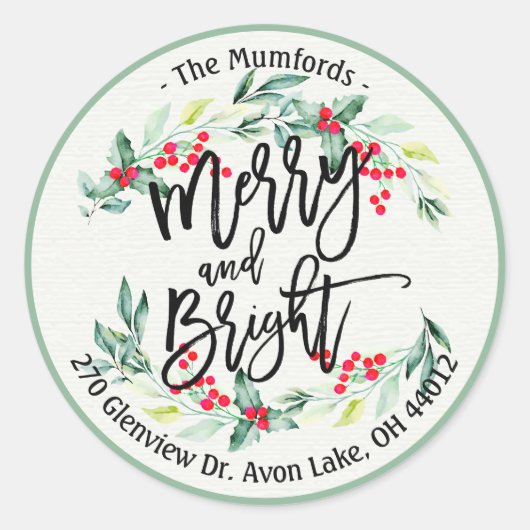 Sticker Rond Merry Bright Joyeux Noël Holly Florly Adresse (Devant)