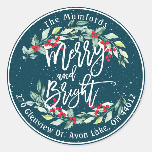 Sticker Rond Merry Bright Joyeux Noël Holly Florly Adresse (Devant)