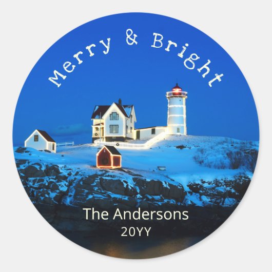 Sticker Rond Merry Bright Nubble Christmas Lighthouse (Devant)