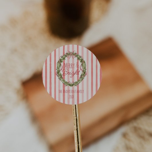 Sticker Rond Merry & Bright Red Stripes Christmas Bow Wreath