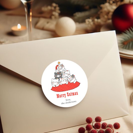 Sticker Rond Merry Catmas Cute Cats Holiday Personalized 