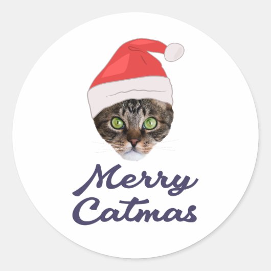 Sticker Rond Merry Catmas, Noël Chat Santa hat Invitation (Devant)