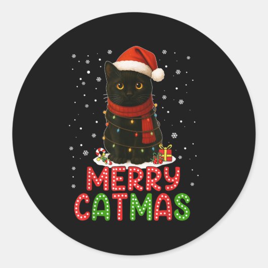 Sticker Rond Merry Catmas Santa Hat Funny Black Cat Christmas W (Devant)