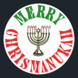 Sticker Rond Merry Chrismanukah - Noël Chanukah Menorah<br><div class="desc">La façon parfaite de célébrer Noël et Hanouka en même temps. Joyeux Noël   Joyeux Chanukah = Joyeux Chrismanukah,  avec Sucre de canne bougies Menorah.</div>