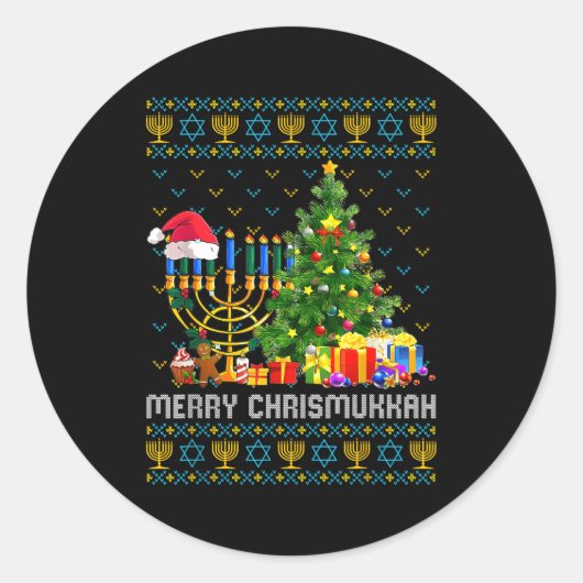 Sticker Rond Merry Chrismukkah Happy Hanukkah Ugly Sweater Fami (Devant)