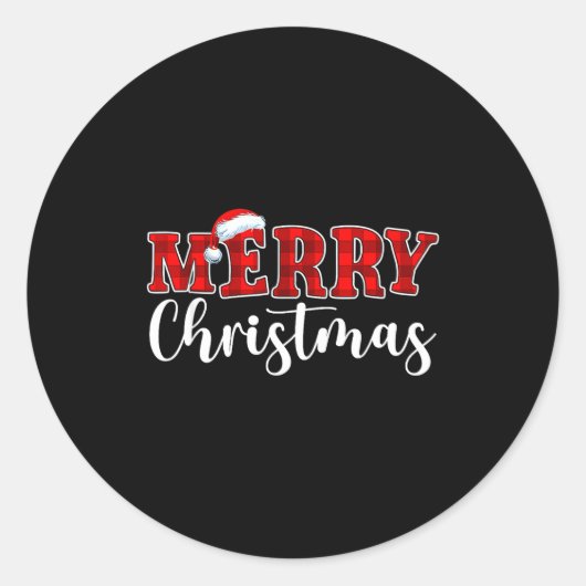 Sticker Rond Merry Christmas Buffalo Plaid Red Santa Hat Xmas P (Devant)
