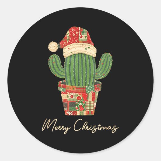 Sticker Rond Merry Christmas Cactus Patchwork Quilt  (Devant)