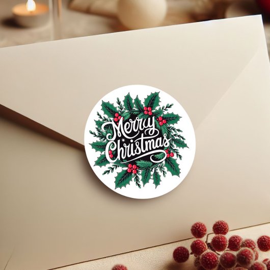 Sticker Rond Merry Christmas Cherries & Holly Envelope Seal