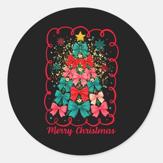 Sticker Rond Merry Christmas Coquette Bow Tree Retro Xmas For W (Devant)