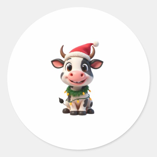Sticker Rond Merry Christmas Cow Santa Christmas Lights Cow Xma (Devant)
