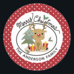 Sticker Rond Merry Christmas Cute Reindeer Personalized<br><div class="desc">This cute design fea reindeer sitting near a christmas tree with two christmas presents with the words "Merry Christmas" above. Personalize by editing the text in the text box or delete for no text. On the Reverse White Dot Pattern on solive red background. #christmas #holidays #seasonal #fendeur #merry #merrychristmas ##holly...</div>