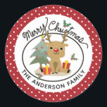 Sticker Rond Merry Christmas Cute Reindeer Personalized<br><div class="desc">This cute design fea reindeer sitting near a christmas tree with two christmas presents with the words "Merry Christmas" above. Personalize by editing the text in the text box or delete for no text. On the Reverse White Dot Pattern on solive red background. #christmas #holidays #seasonal #fendeur #merry #merrychristmas ##holly...</div>