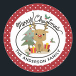 Sticker Rond Merry Christmas Cute Reindeer Personalized<br><div class="desc">This cute design fea reindeer sitting near a christmas tree with two christmas presents with the words "Merry Christmas" above. Personalize by editing the text in the text box or delete for no text. On the Reverse White Dot Pattern on solive red background. #christmas #holidays #seasonal #fendeur #merry #merrychristmas ##holly...</div>