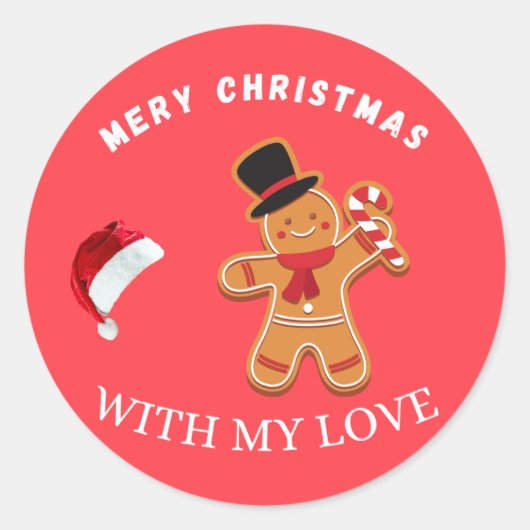 Sticker Rond Merry Christmas Gingerbread Man with Santa Hat Vec (Devant)