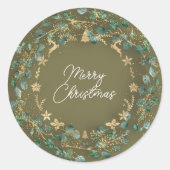 Sticker Rond Merry Christmas Green Wreath Bois Bois Mustard (Devant)