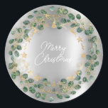 Sticker Rond Merry Christmas Green Wreath Woodland Wood Silver<br><div class="desc">Un Sticker cadeau de Noël,  un peu glamour un peu rustique Une fusion de styles FlorenceKdesign</div>