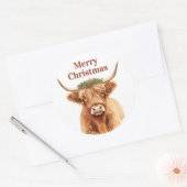 Sticker Rond Merry Christmas Greenery Highland Miniature Cow (Enveloppe)