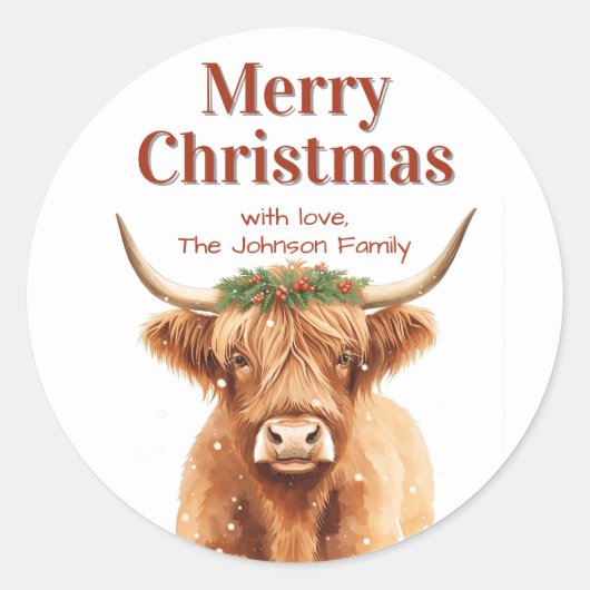 Sticker Rond Merry Christmas Greenery Highland Miniature Cow (Devant)