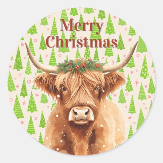 Sticker Rond Merry Christmas Greenery Highland Miniature Cow (Devant)