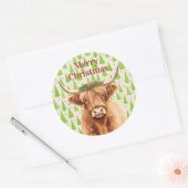 Sticker Rond Merry Christmas Greenery Highland Miniature Cow (Enveloppe)