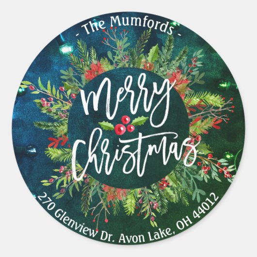 Sticker Rond Merry Christmas Holly Wreath Return Adresse Étique (Devant)