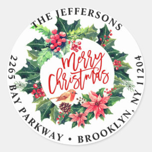 Sticker Rond Merry Christmas Holly Wreath Return Adresse Étique