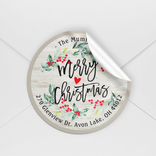 Sticker Rond Merry Christmas Holly Wreath Return Adresse Étique