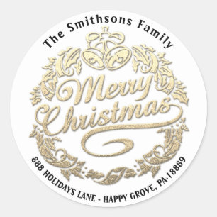 Sticker Rond Merry Christmas Holly Wreath RSVP Gold Unique Blan