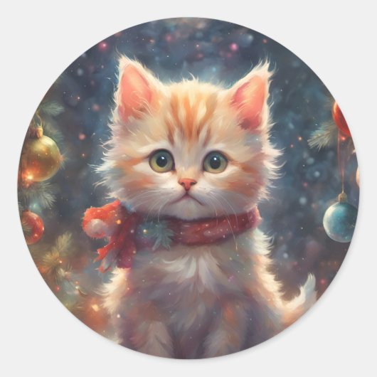 Sticker Rond Merry Christmas Kitty Chat, Vacances Kitty, Animal (Devant)