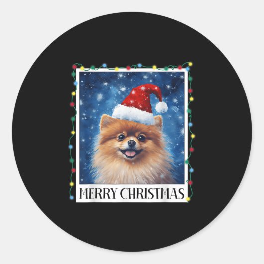 Sticker Rond Merry Christmas Meranian Santa Hat Xmas Dog Lights (Devant)