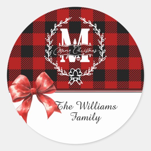 Sticker Rond Merry Christmas Monogram Wreath Buffalo Plaid (Devant)