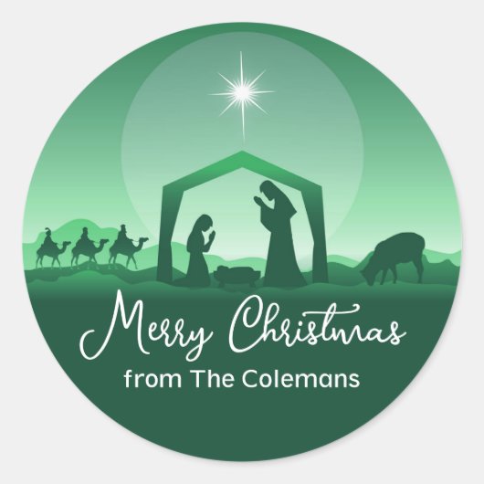 Sticker Rond Merry Christmas Nativity Scene Green Religious (Devant)