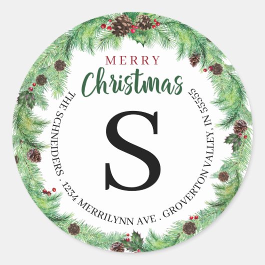 Sticker Rond MERRY CHRISTMAS Pine Monogramme Adresse de retour (Devant)