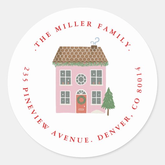 Sticker Rond Merry Christmas Pink house Return address (Devant)