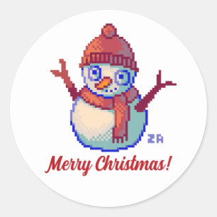 Sticker Rond Merry Christmas, Pixel Art, pixels, Snowman