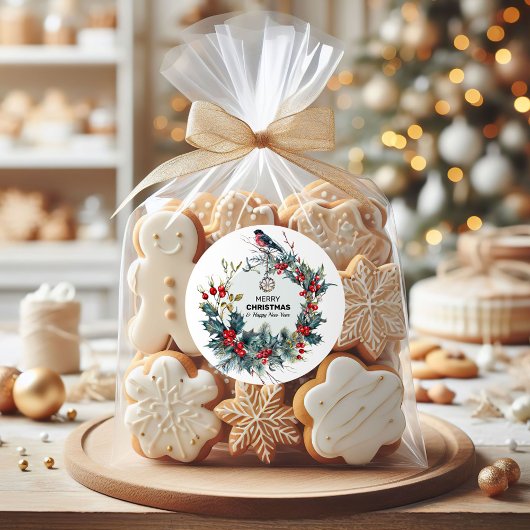 Sticker Rond Merry Christmas-Red Berries & Bullfinch